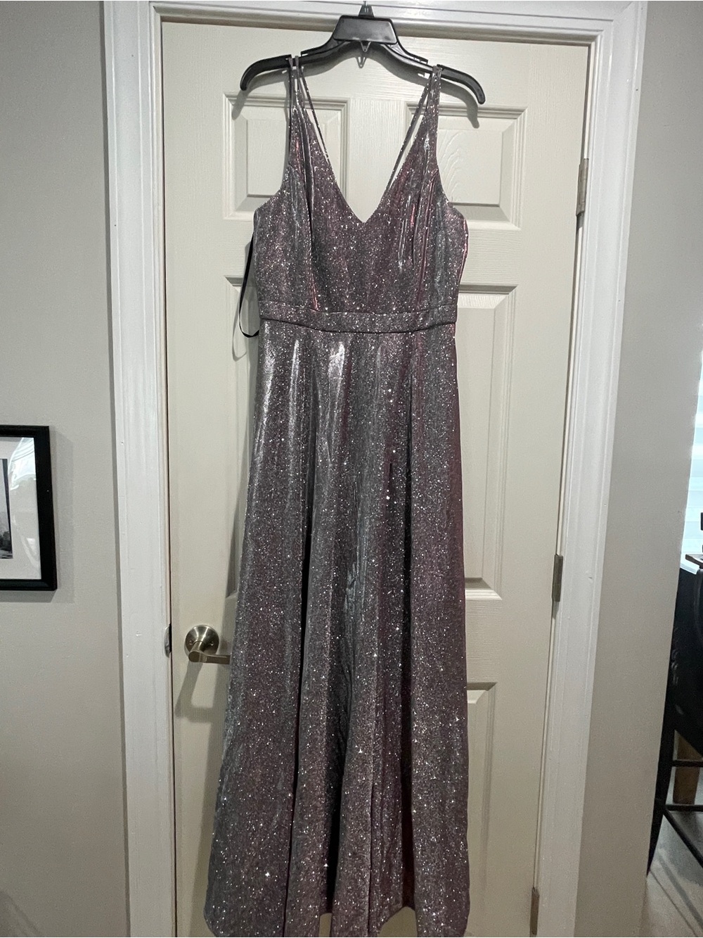 Silver Pink Metallic Glitter V-Neck Formal Maxi Gown